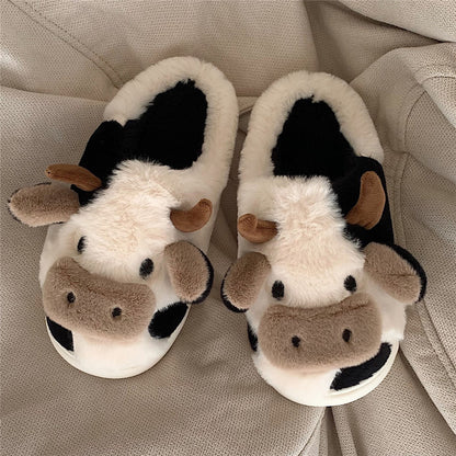 Female winter new soft cute cow cotton slippers Korean version of students fashionable home warm soft sole hair hair shoes